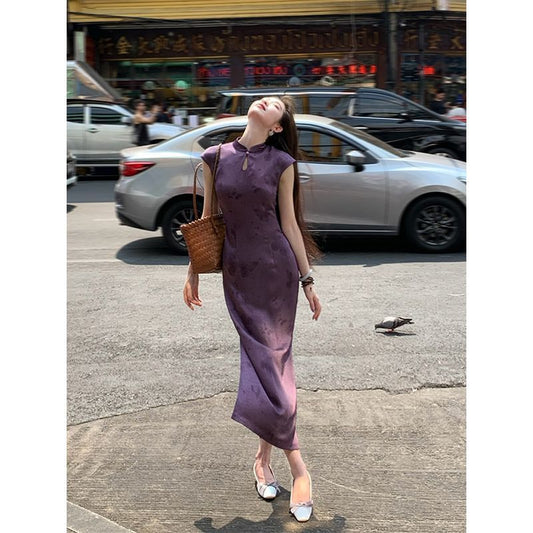 Purple Sleeveless Elegant Cheongsam
