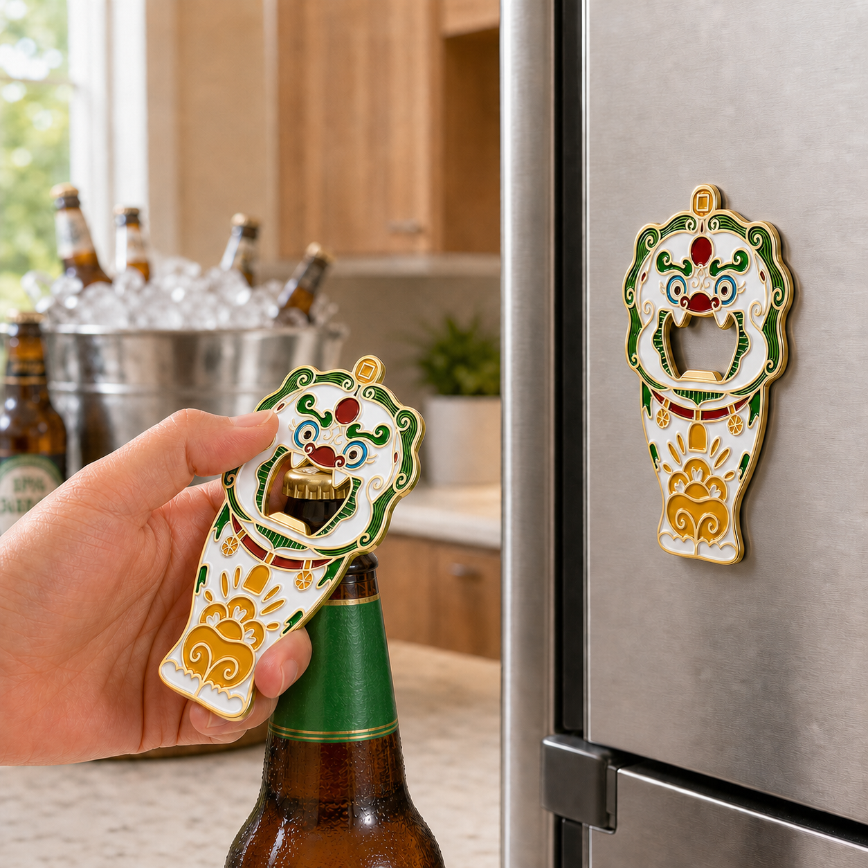 3D Landmark Travel Souvenir Gift | Chinese Guardian Lion design | Magnetic Bottle Opener & Refrigerator Magnet | Kitchen Decor