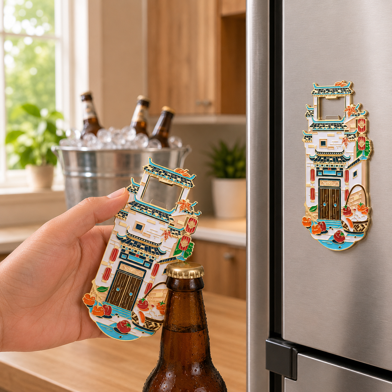 Magnetic Bottle Opener & Refrigerator Magnet | Hongcun Ancient Village Design | Huizhou Architecture 3D Enamel Gift | Kitchen Décor