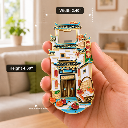Magnetic Bottle Opener & Refrigerator Magnet | Hongcun Ancient Village Design | Huizhou Architecture 3D Enamel Gift | Kitchen Décor