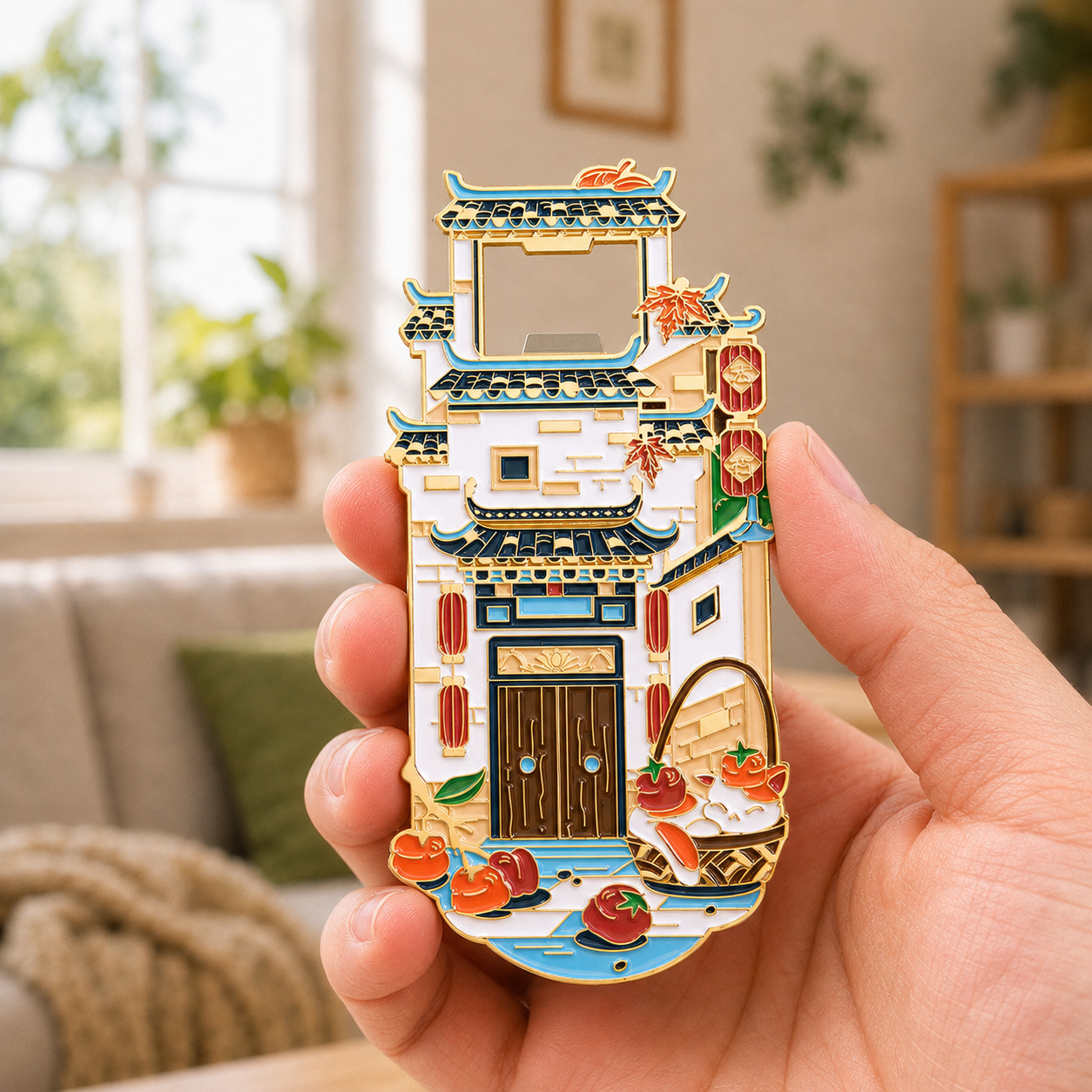 Magnetic Bottle Opener & Refrigerator Magnet | Hongcun Ancient Village Design | Huizhou Architecture 3D Enamel Gift | Kitchen Décor
