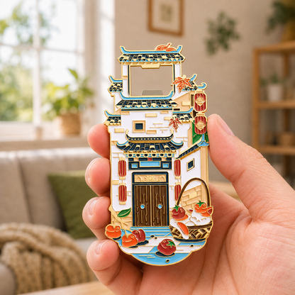 Magnetic Bottle Opener & Refrigerator Magnet | Hongcun Ancient Village Design | Huizhou Architecture 3D Enamel Gift | Kitchen Décor