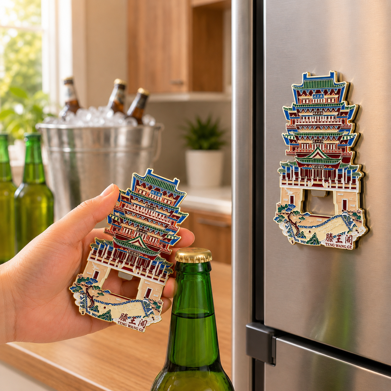 Magnetic Bottle Opener & Refrigerator Magnet | Nanchang Tengwang Pavilion Design | 3D Enamel Chinese Landmark Gift | Jiangxi Travel Souvenir | Kitchen Décor
