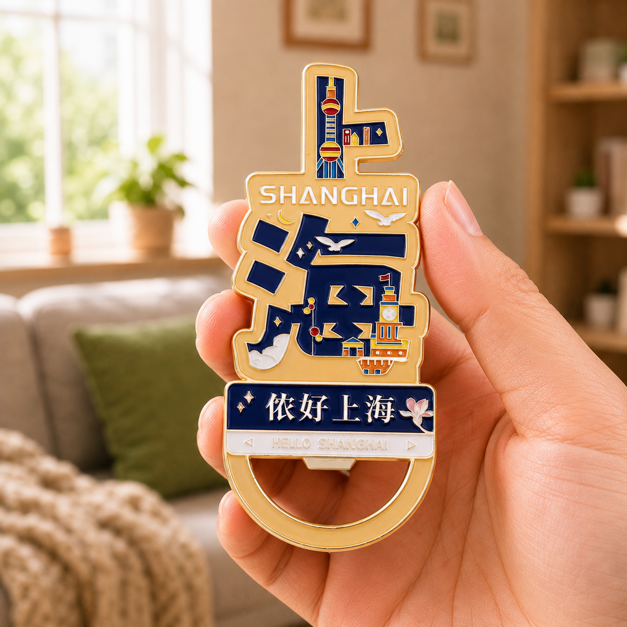 Magnetic Bottle Opener & Refrigerator Magnet | Shanghai Chinese Character & Skyline Design | 3D Enamel City Gift | Kitchen Décor