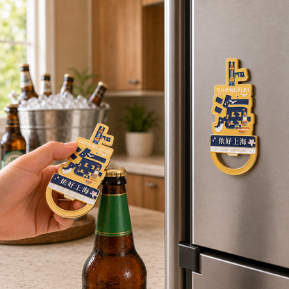 Magnetic Bottle Opener & Refrigerator Magnet | Shanghai Chinese Character & Skyline Design | 3D Enamel City Gift | Kitchen Décor
