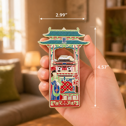 Magnetic Bottle Opener & Refrigerator Magnet | Shanxi Jinci Temple Design | Traditional Architecture 3D Enamel Gift | Kitchen Décor