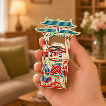 Magnetic Bottle Opener & Refrigerator Magnet | Shanxi Jinci Temple Design | Traditional Architecture 3D Enamel Gift | Kitchen Décor