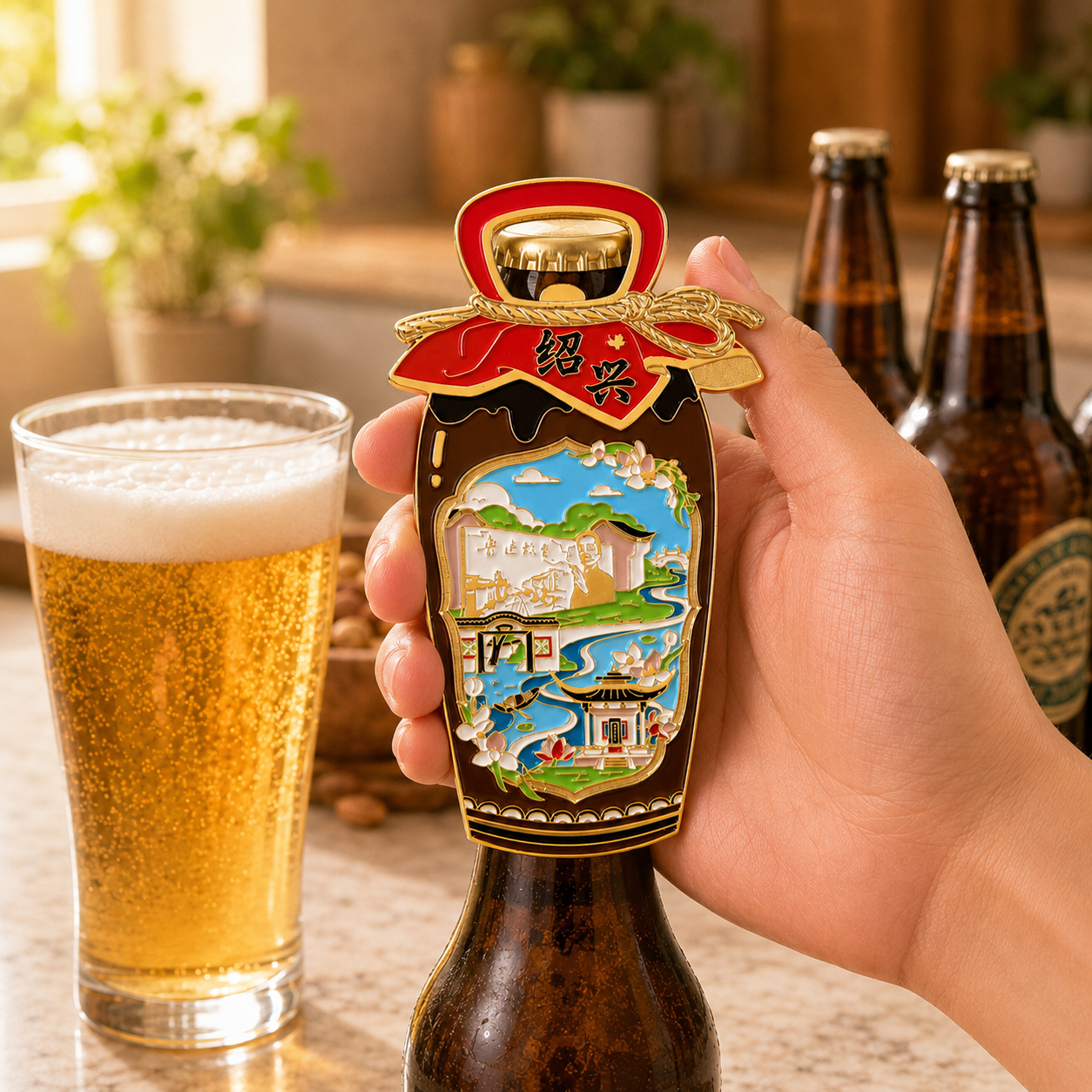 Magnetic Bottle Opener & Refrigerator Magnet | Shaoxing Huangjiu Wine Jar Design | Nü’er Hong 3D Enamel Gift | Kitchen Décor