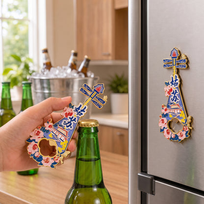 Magnetic Bottle Opener & Refrigerator Magnet | Suzhou Pingtan Pipa Design | Jiangnan Garden 3D Enamel Gift | Kitchen Décor